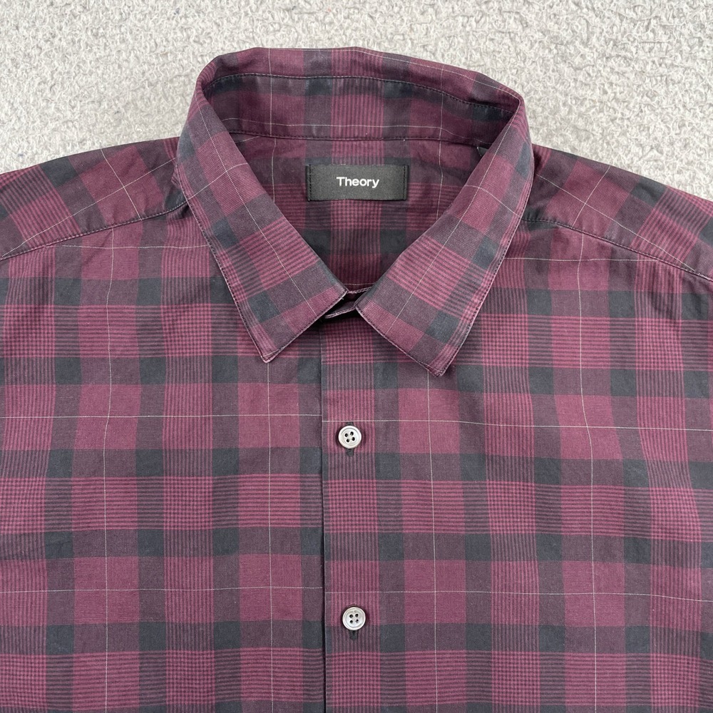 Theory Button Down Shirt Mens Medium Burgundy Sylvain Baleton Plaid Long Sleeve